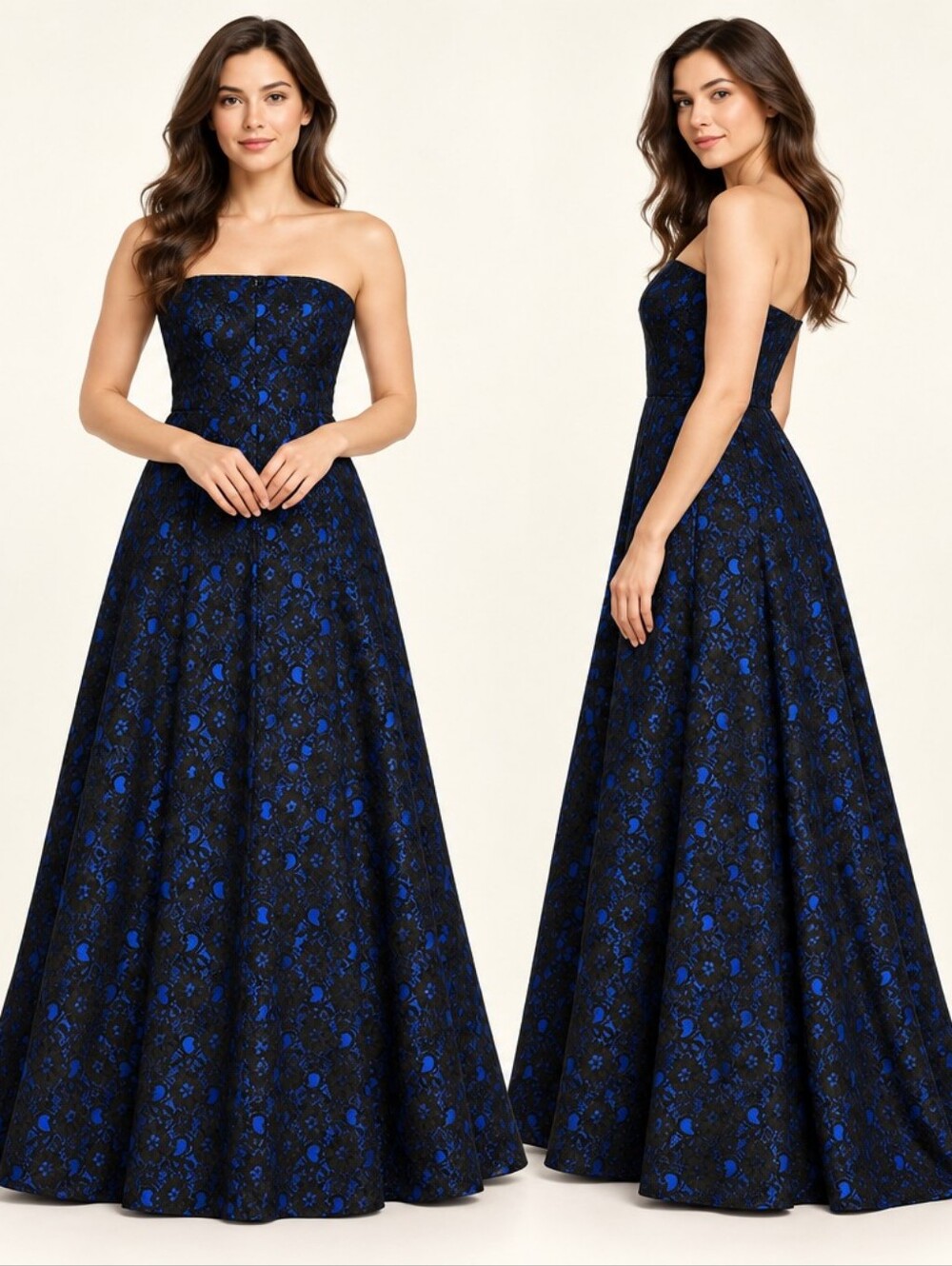 Calvin Klein Black Lace Strapless Gown with Blue Underlay